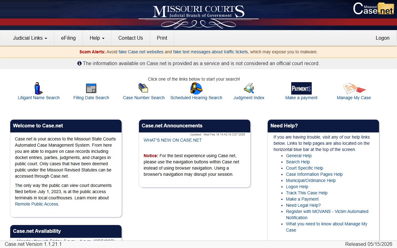 Missouri Case.net public case search portal