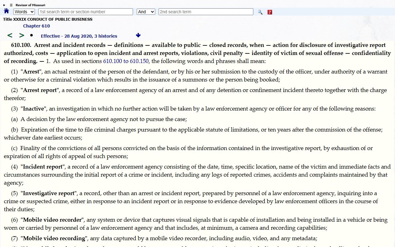 Missouri Section 610.100 arrest and incident record statute